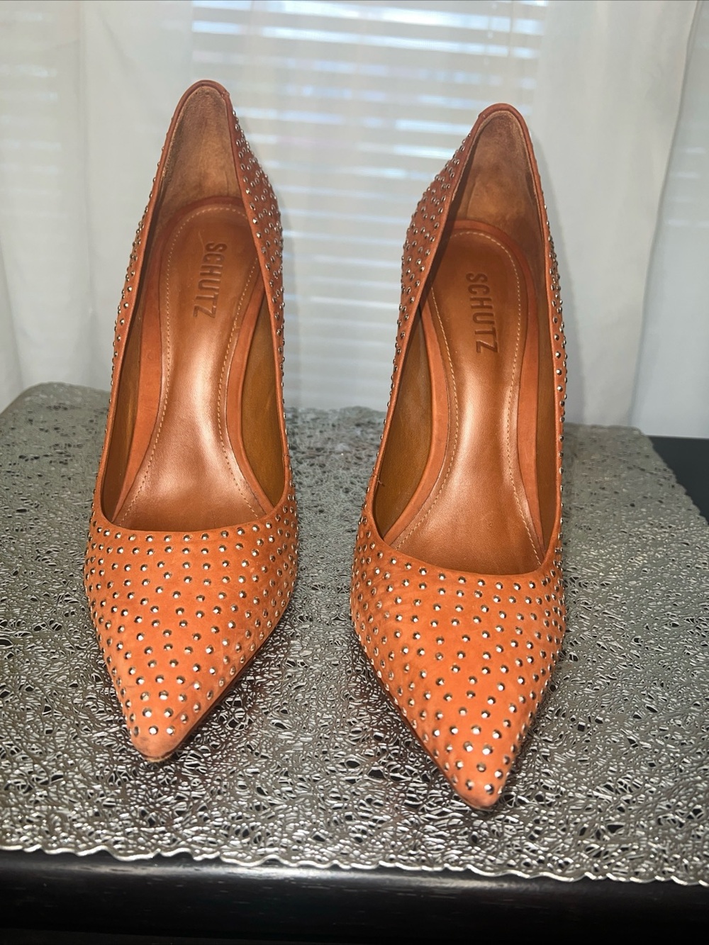SCHUTZ Orange Crystal-Stud Pointed Toe Pumps